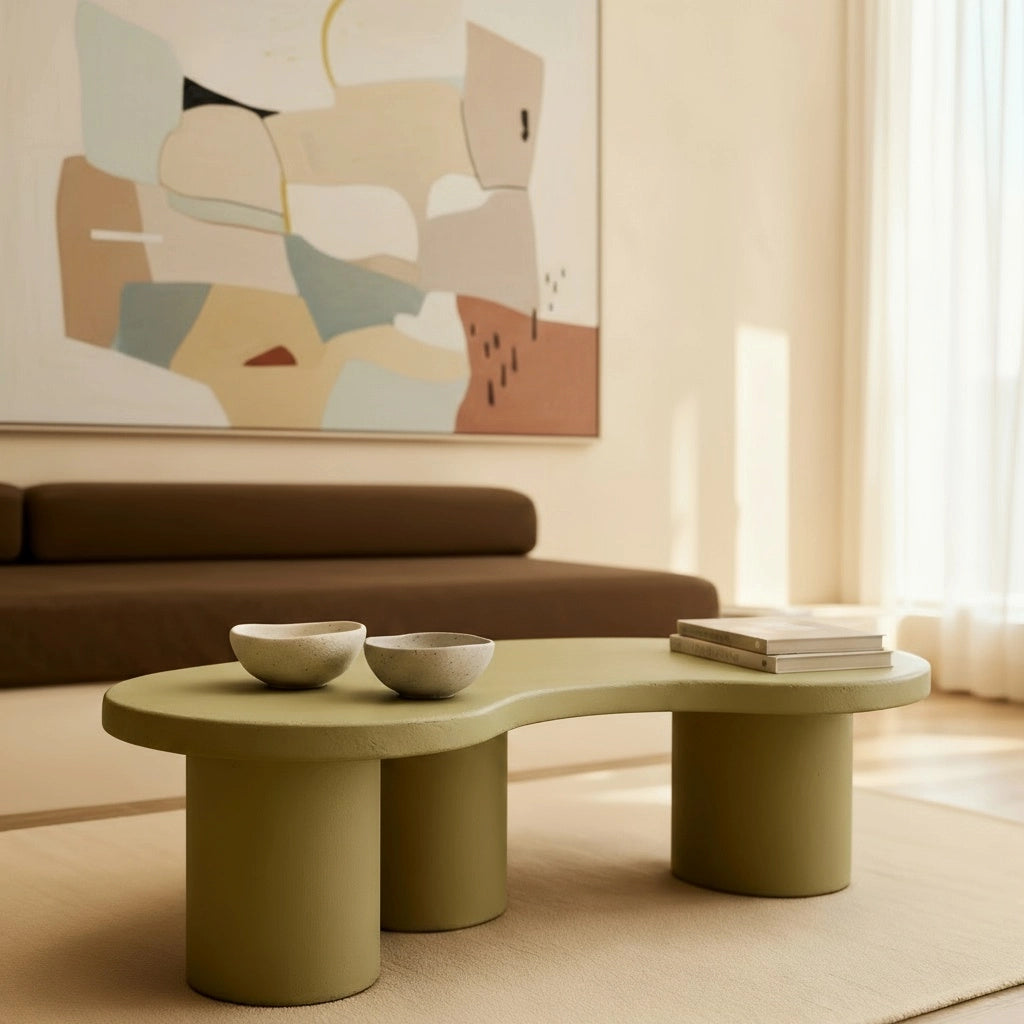 Mesa de centro de microcemento color Wasabi, silueta orgánica con tres patas cilíndricas, en salón luminoso con sofá y cuadro abstracto.