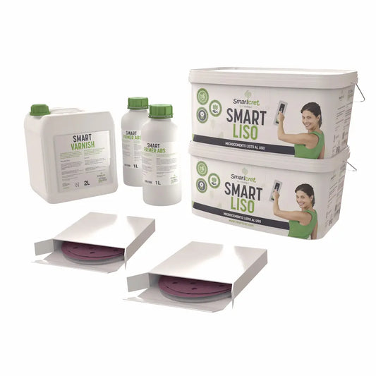 Composición de envases que forman el kit de microcemento Smartcret para muebles de 12 m².
