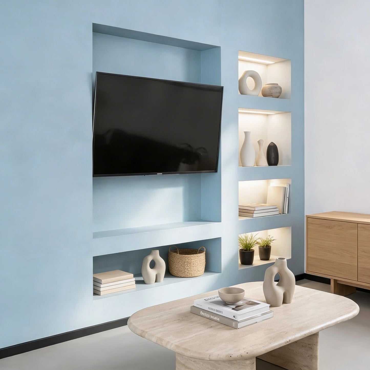 Salón moderno con mueble de obra en microcemento color Breeze con nichos iluminados y televisor empotrado.