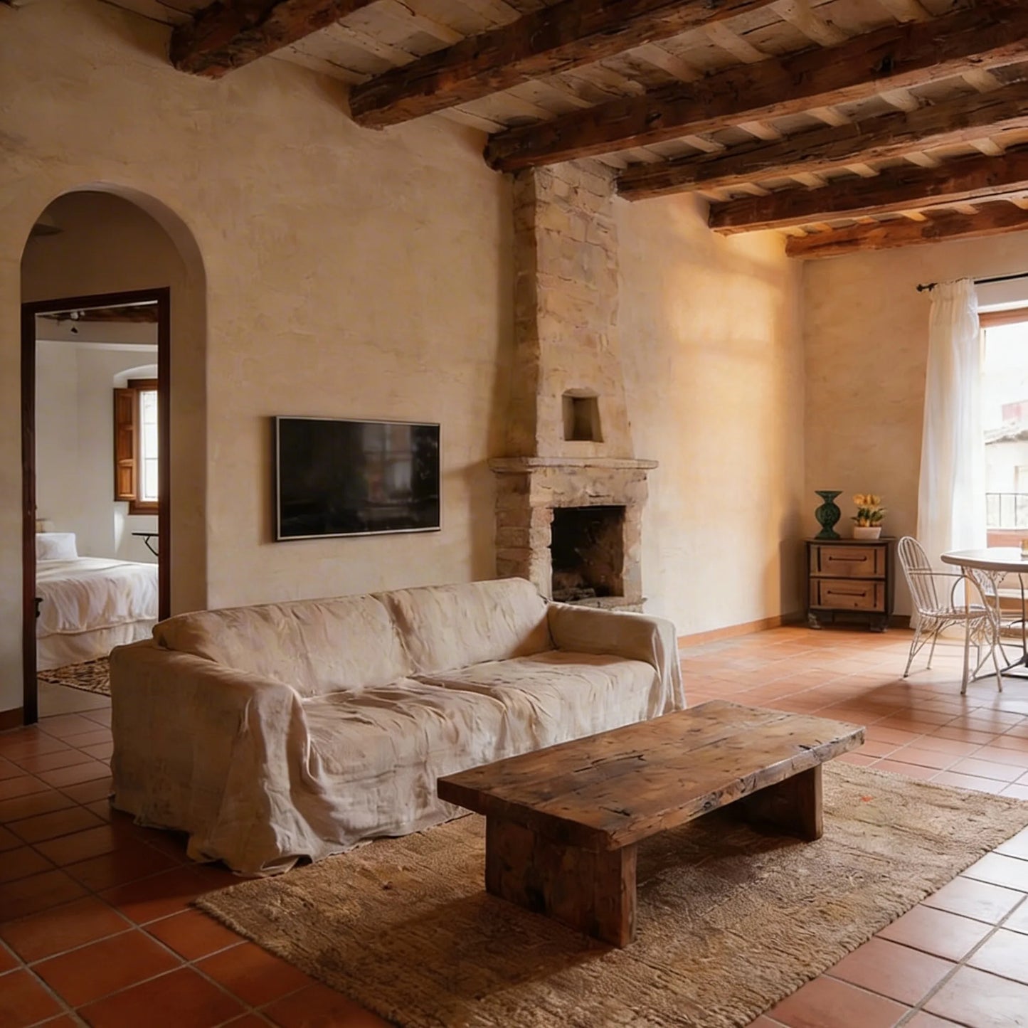 Salón rústico con paredes de microcemento color beige Mojave, techo con vigas de madera vista, chimenea de piedra y suelo de baldosas cerámicas.