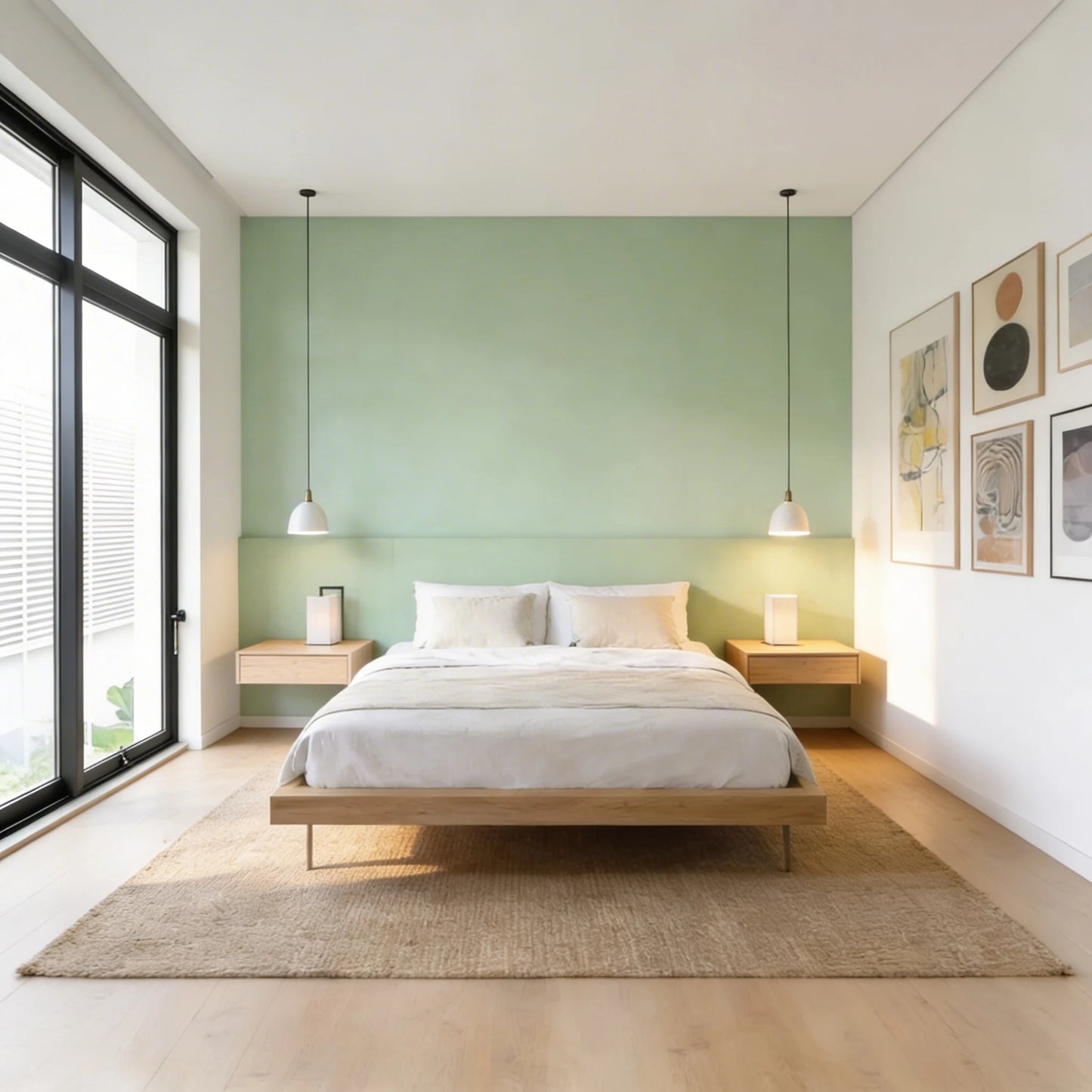 Dormitorio minimalista con pared frontal y cabecero en microcemento verde color Moss y gran ventanal lateral que aporta luz natural.