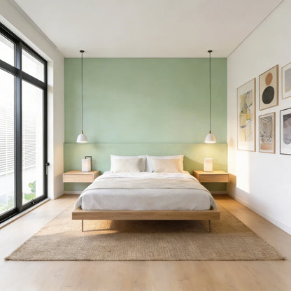 Dormitorio minimalista con pared frontal y cabecero en microcemento verde color Moss y gran ventanal lateral que aporta luz natural.