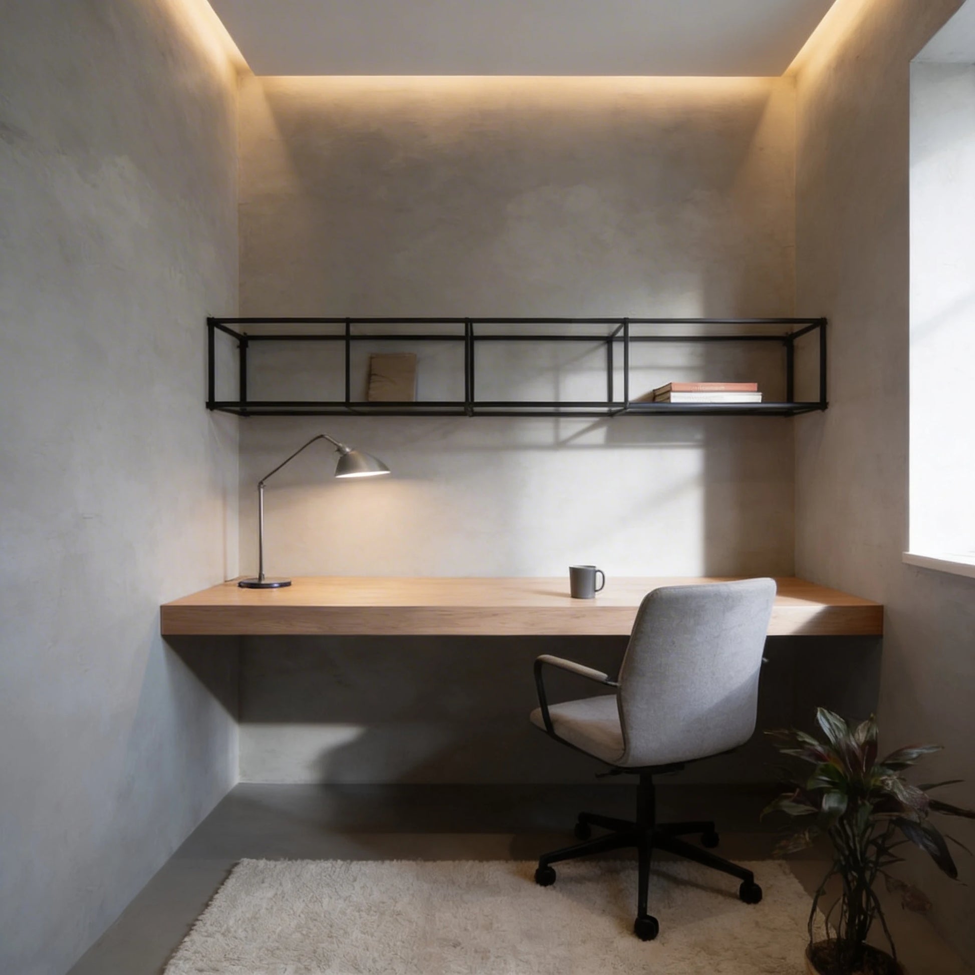 Pequeña oficina en casa con paredes de microcemento gris color Universe,  escritorio flotante de madera y estantería metálica negra.