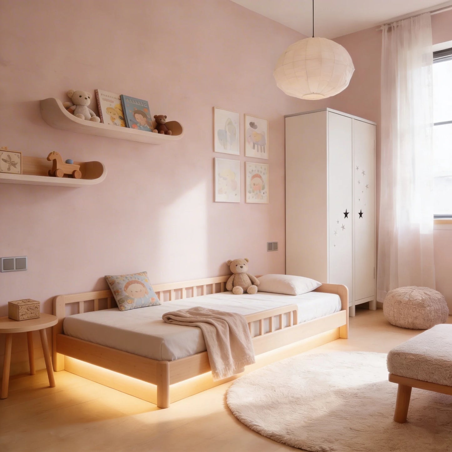 Dormitorio infantil con paredes de microcemento rosa color Blush, cama Montessori con barandilla de madera natural y estanterías con libros y peluches.