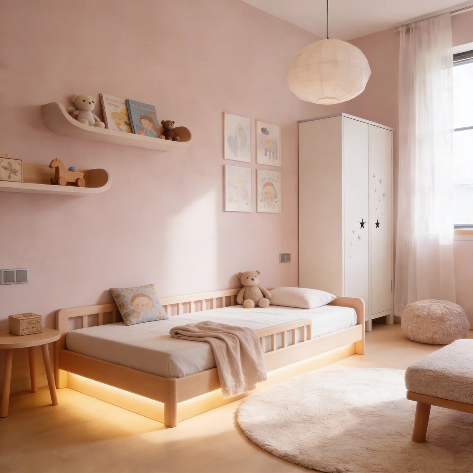Dormitorio infantil con paredes de microcemento rosa color Blush, cama Montessori con barandilla de madera natural y estanterías con libros y peluches.