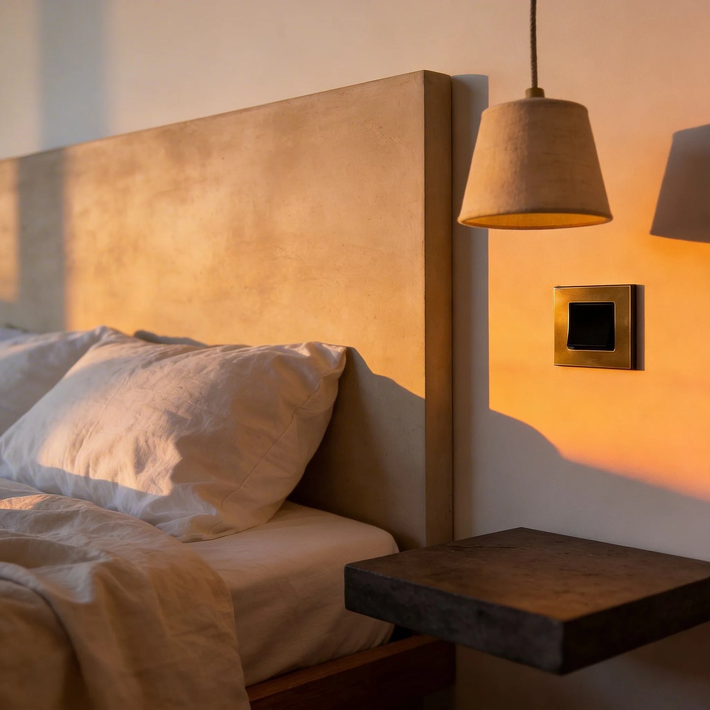 Dormitorio con cabecero de microcemento gris color Liquen, mesilla flotante de madera oscura y lámpara colgante de lino.