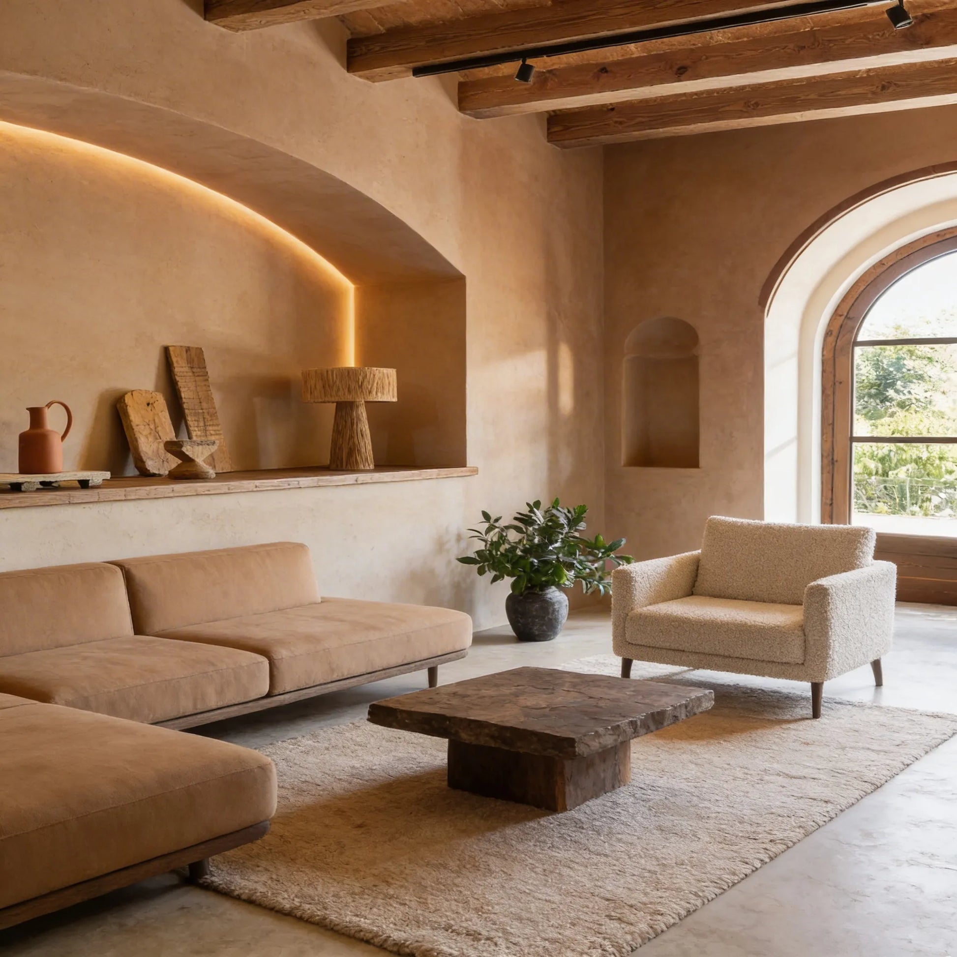 Sala de estar mediterránea con paredes de microcemento color Salmón, arco iluminado con luz cálida integrada y vigas de madera en el techo.