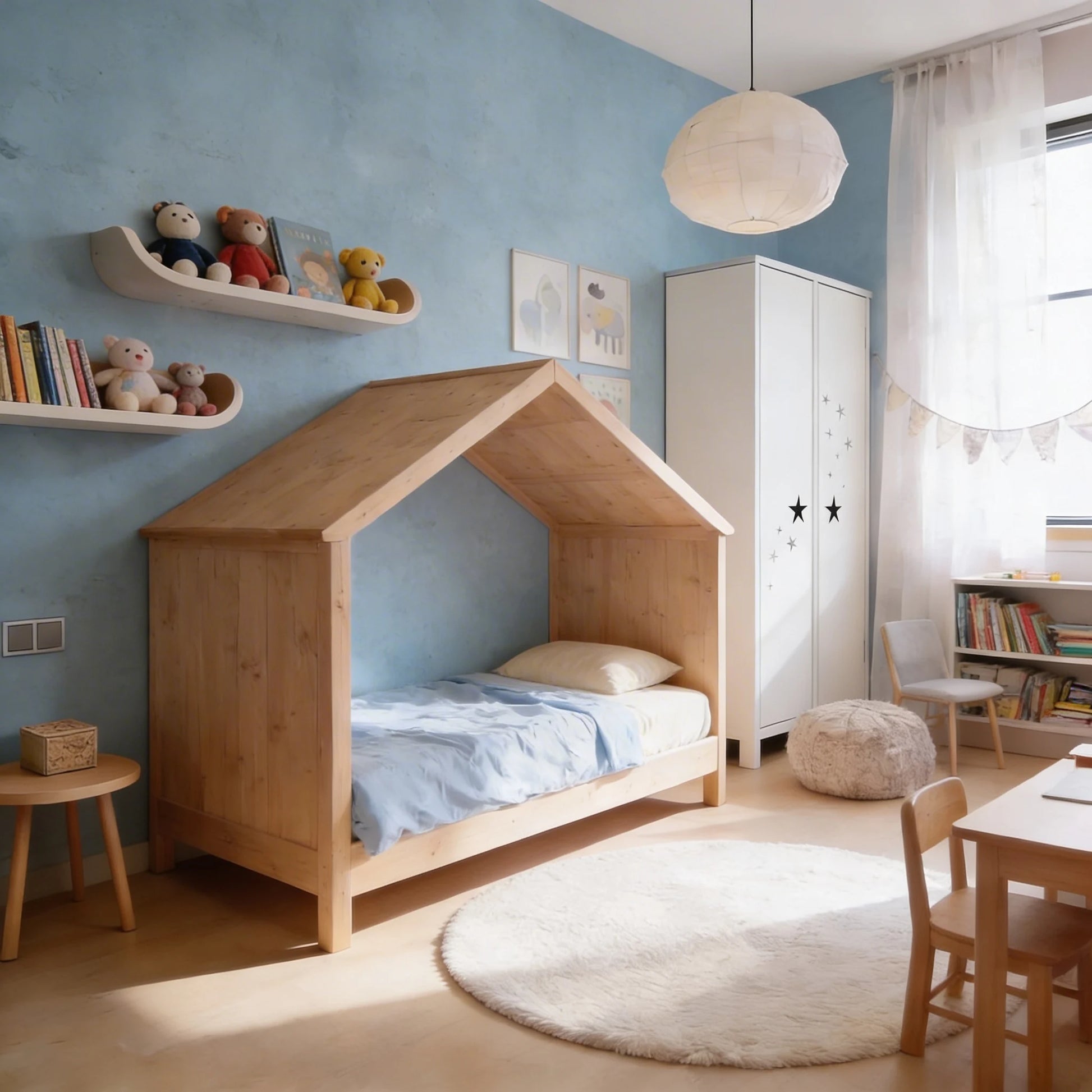 Dormitorio infantil con paredes de microcemento azul color Breeze, cama tipo casita en madera natural y estanterías con libros y peluches.