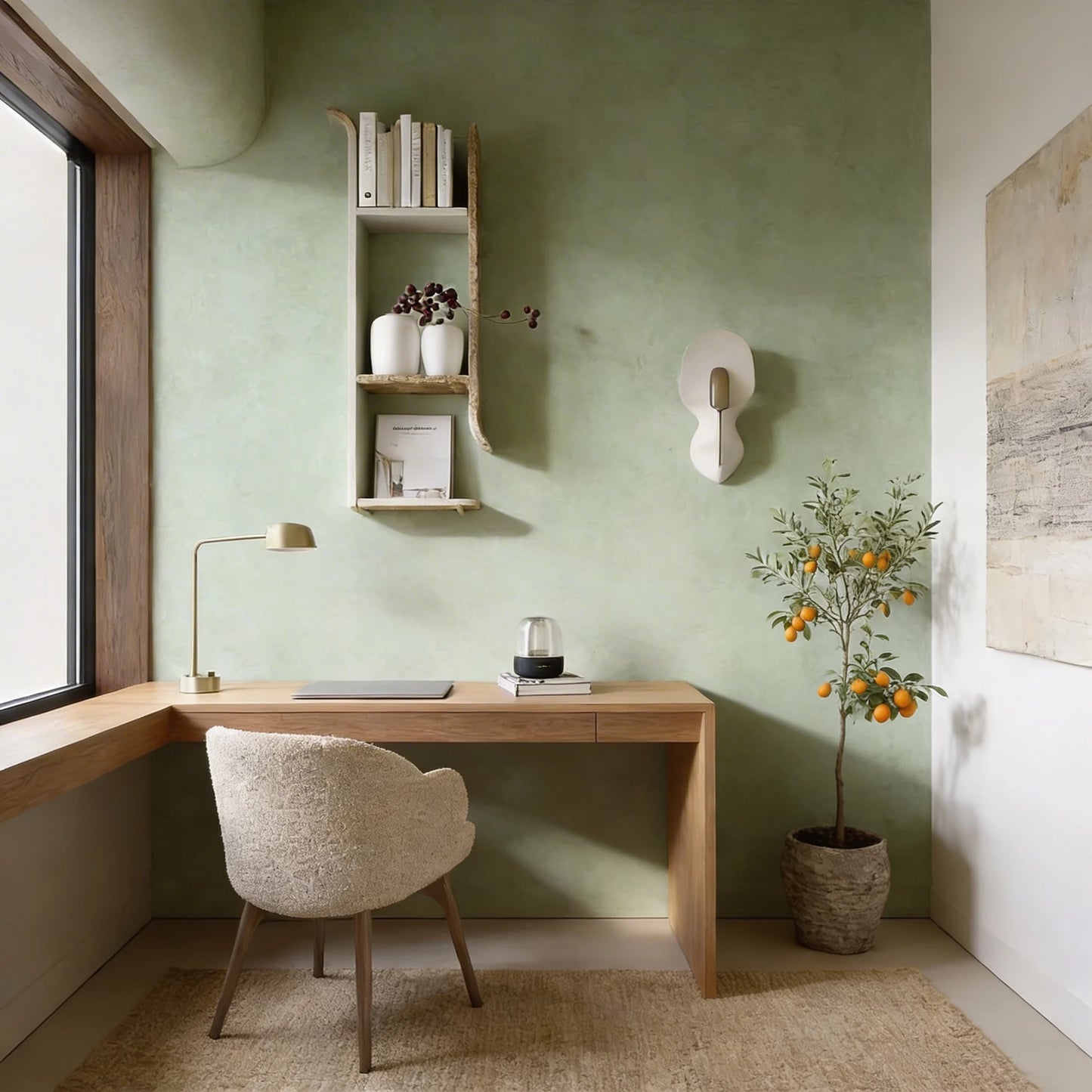 Oficina en casa con pared revestida en microcemento verde color Khaki, escritorio en L de madera y pequeño naranjo en maceta de barro.
