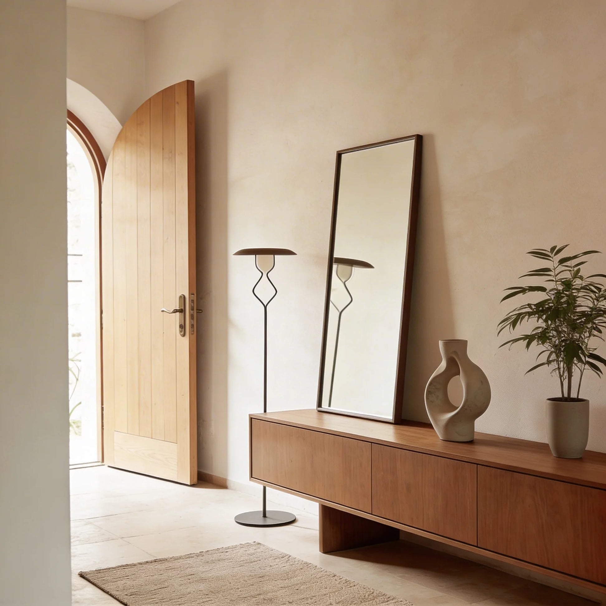 Recibidor interior de estilo mediterráneo contemporáneo con pared de microcemento beige color Bone.