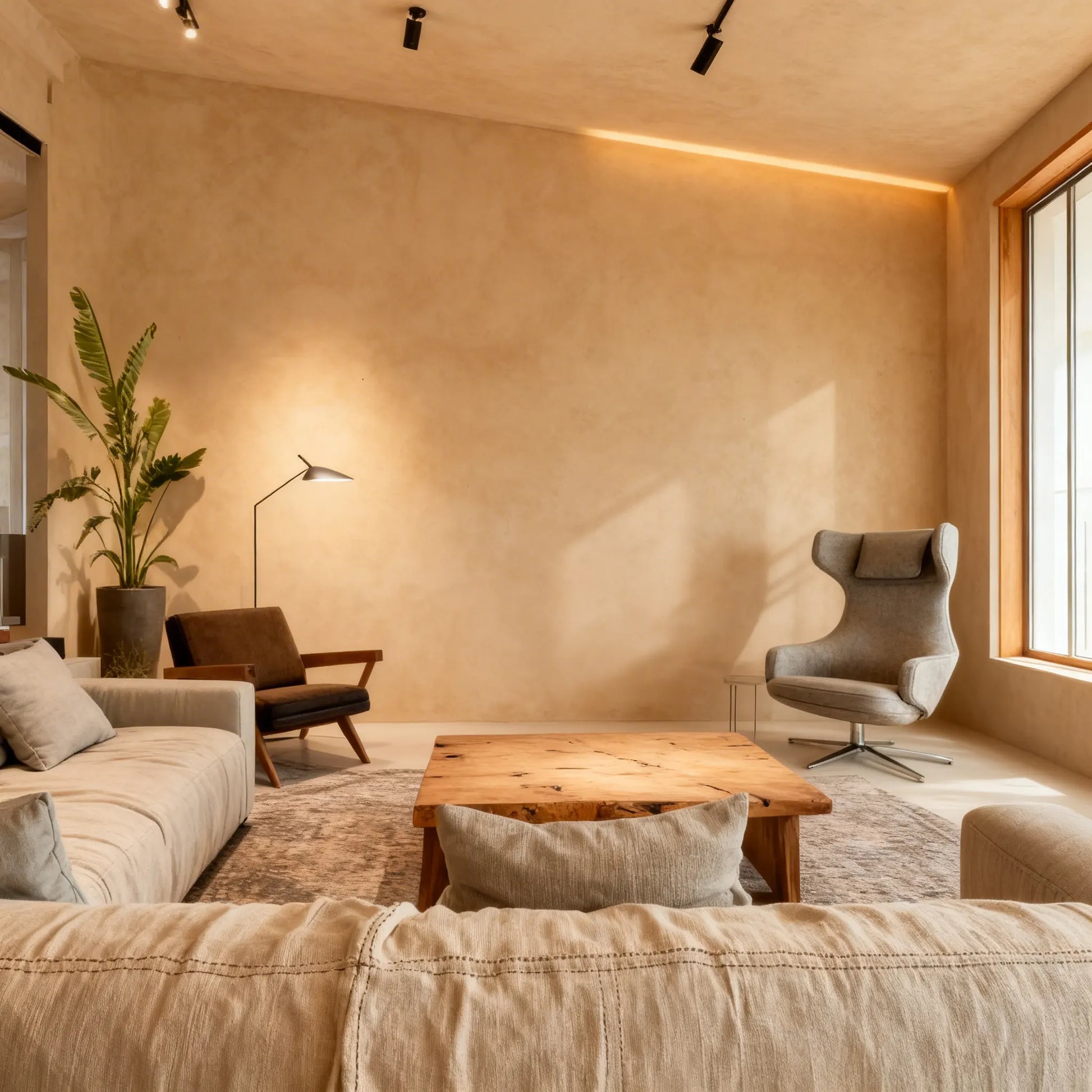 Salón contemporáneo con pared de microcemento beige color Mojave, sofá de lino claro en primer plano y mesa de centro de madera natural.