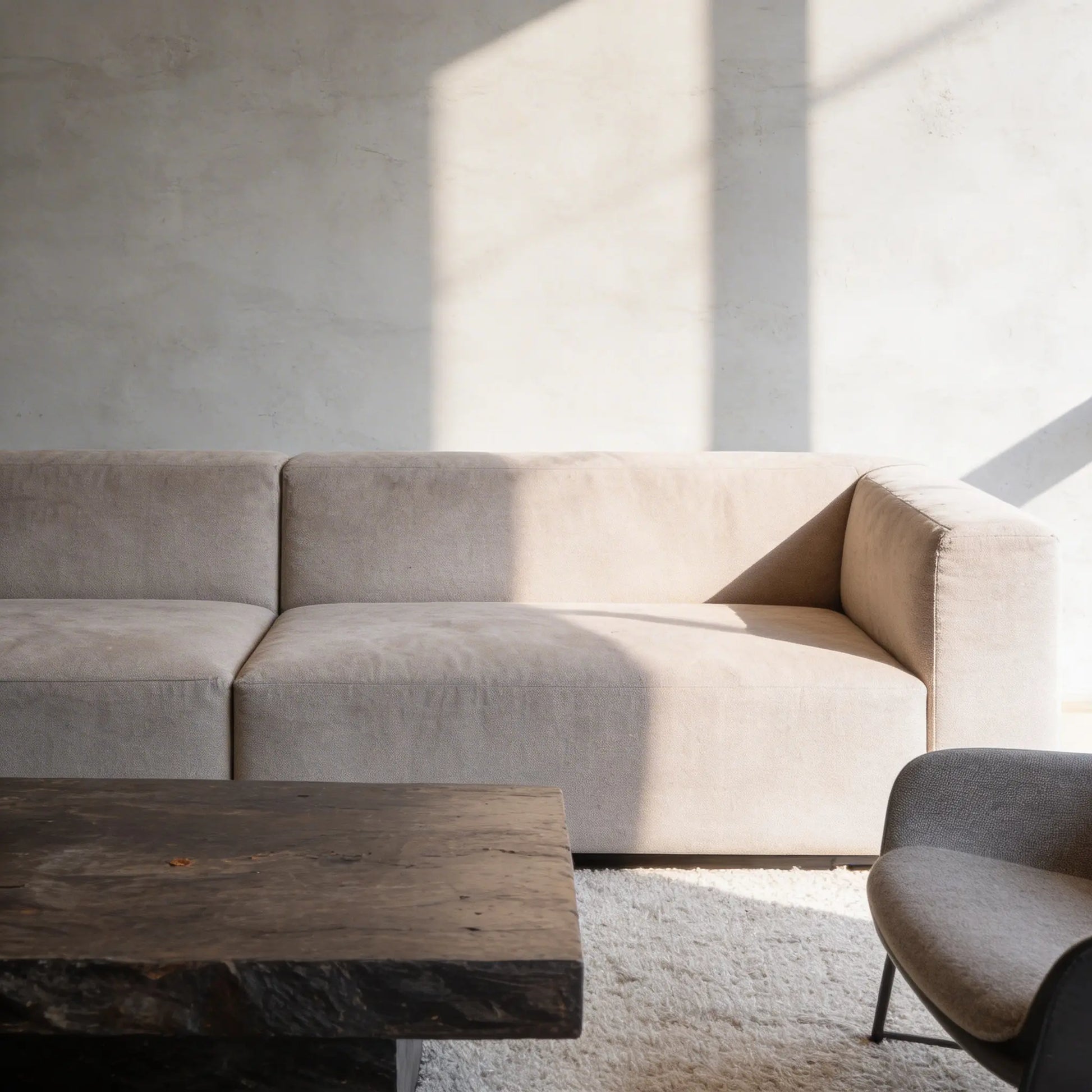 Salón contemporáneo con pared de microcemento gris color Universe, iluminadopor luz natural lateral y mesa de roble macizo.