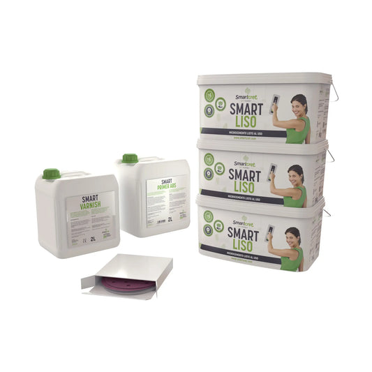 Imagen con todos los envases que del kit de microcemento Smartcret para paredes de 18 metros.