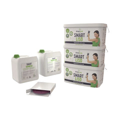 Imagen con todos los envases que forman parte del kit de microcemento Smartcret para paredes de 24 metros.