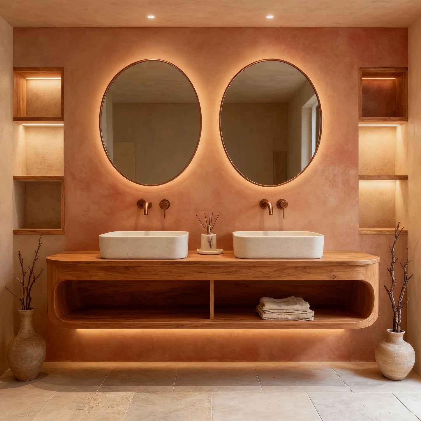 Baño con paredes de microcemento color Coral con doble lavabo sobre encimera de madera, espejos redondos y luz cálida integrada.