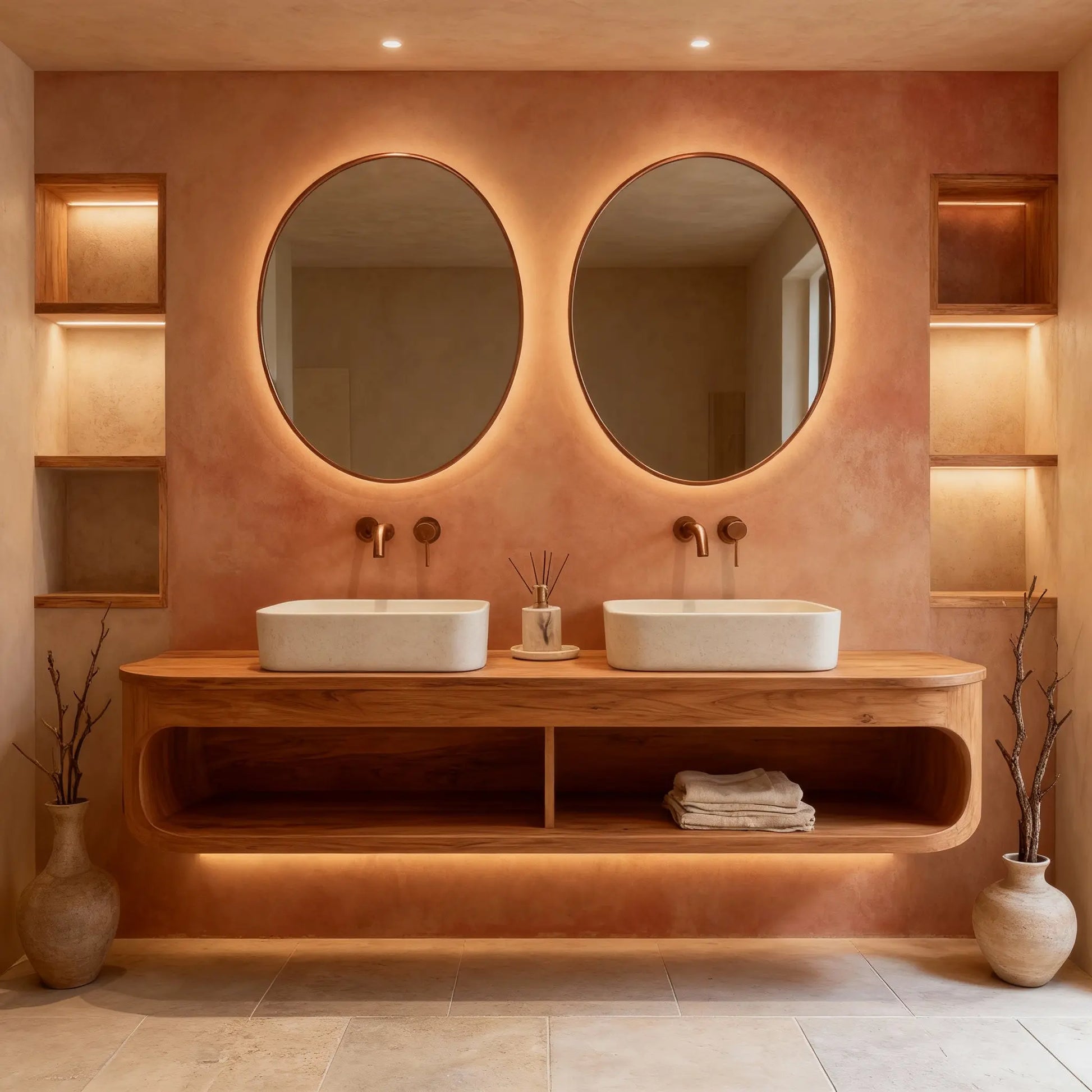 Baño con paredes de microcemento color Coral con doble lavabo sobre encimera de madera, espejos redondos y luz cálida integrada.