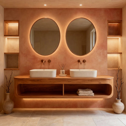 Baño con paredes de microcemento color Coral con doble lavabo sobre encimera de madera, espejos redondos y luz cálida integrada.