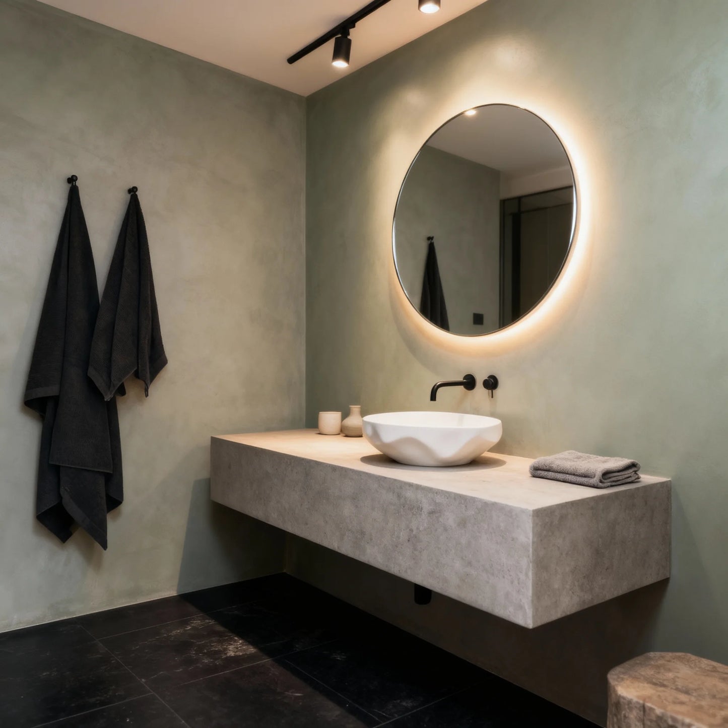 Baño moderno con paredes de microcemento color Papyrus, lavabo blanco sobre encimera de obra y espejo redondo retroiluminado.