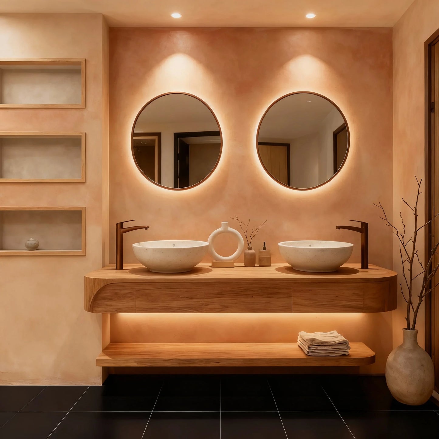 Baño con paredes de microcemento color Salmon, suelo con baldosas negras y mobiliario de madera.