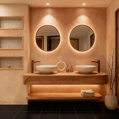 Baño con paredes de microcemento color Salmon, suelo con baldosas negras y mobiliario de madera.