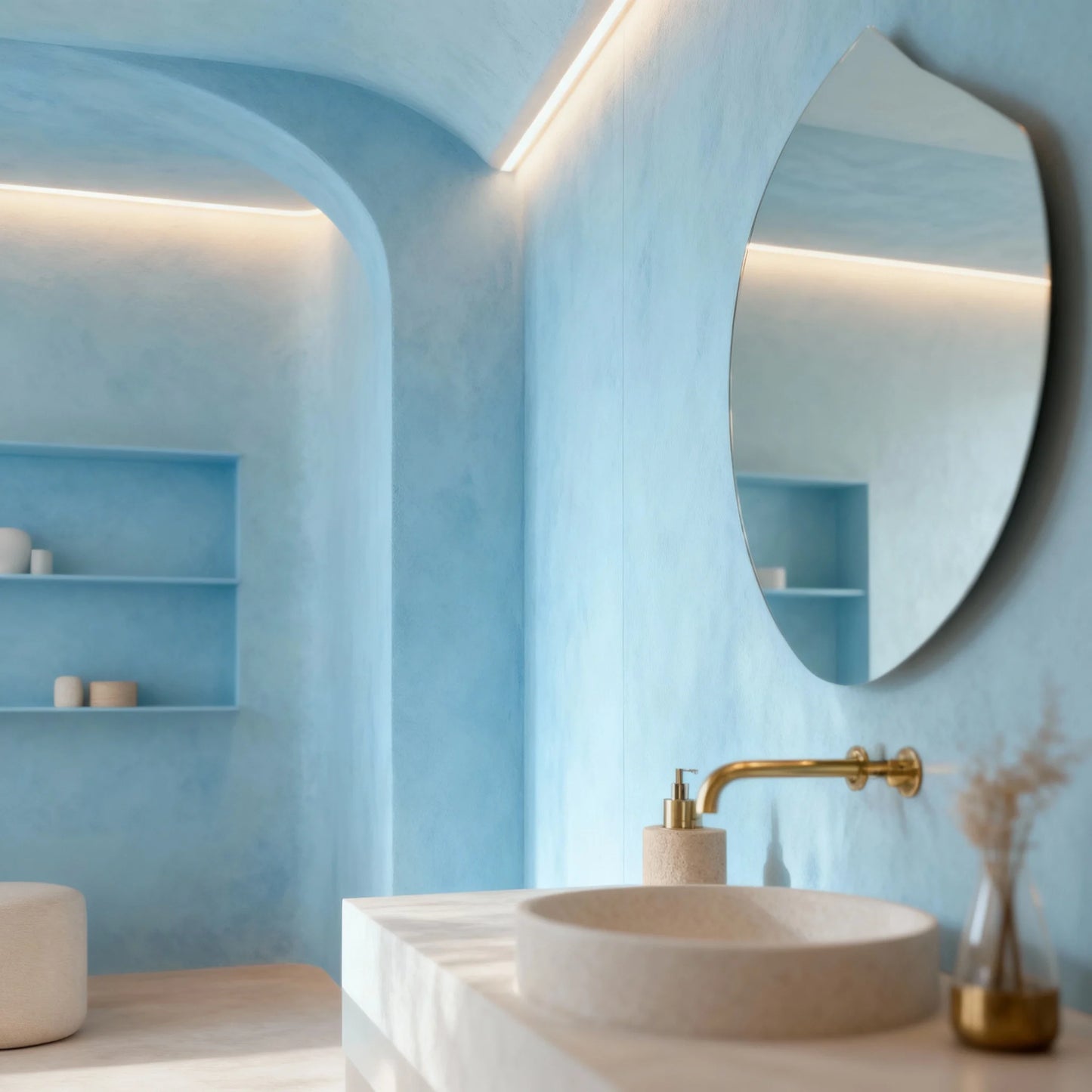 Baño de estilo mediterráneo con paredes de microcemento color Breeze, lavabo de piedra y grifería dorada.