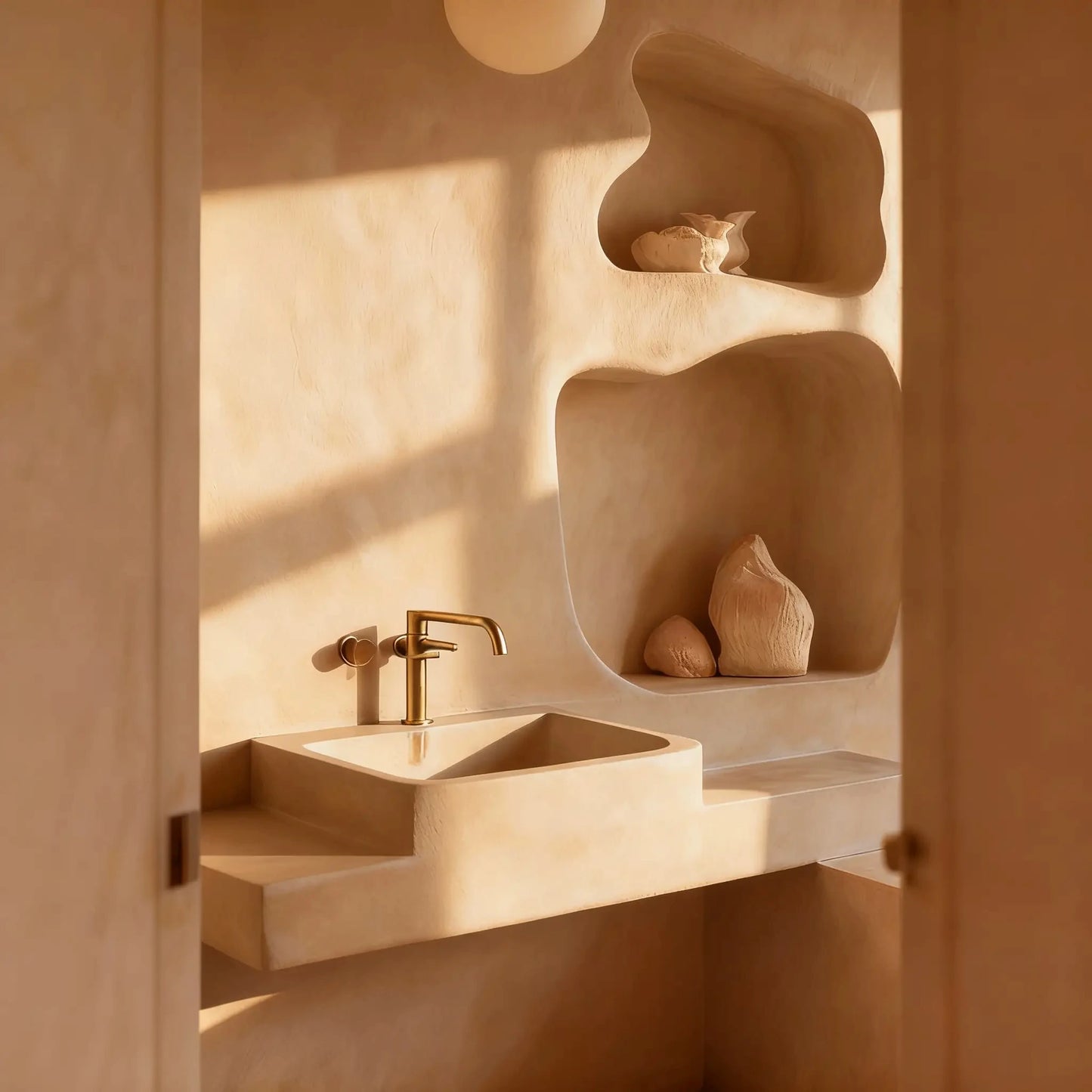 Baño con paredes de microcemento color Café con nichos orgánicos; lavabo y encimera a juego y grifería dorada.