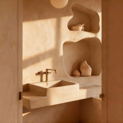 Baño con paredes de microcemento color Café con nichos orgánicos; lavabo y encimera a juego y grifería dorada.