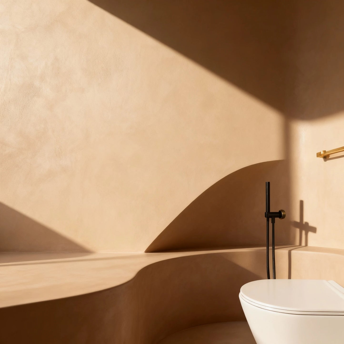 Baño con paredes de microcemento color Mojave con formas curvas, luz cálida y grifería negra.