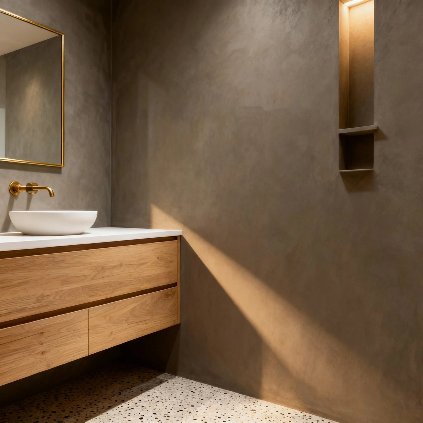 Baño con paredes de microcemento color Shale Grey y lavabo blanco sobre mueble de madera.