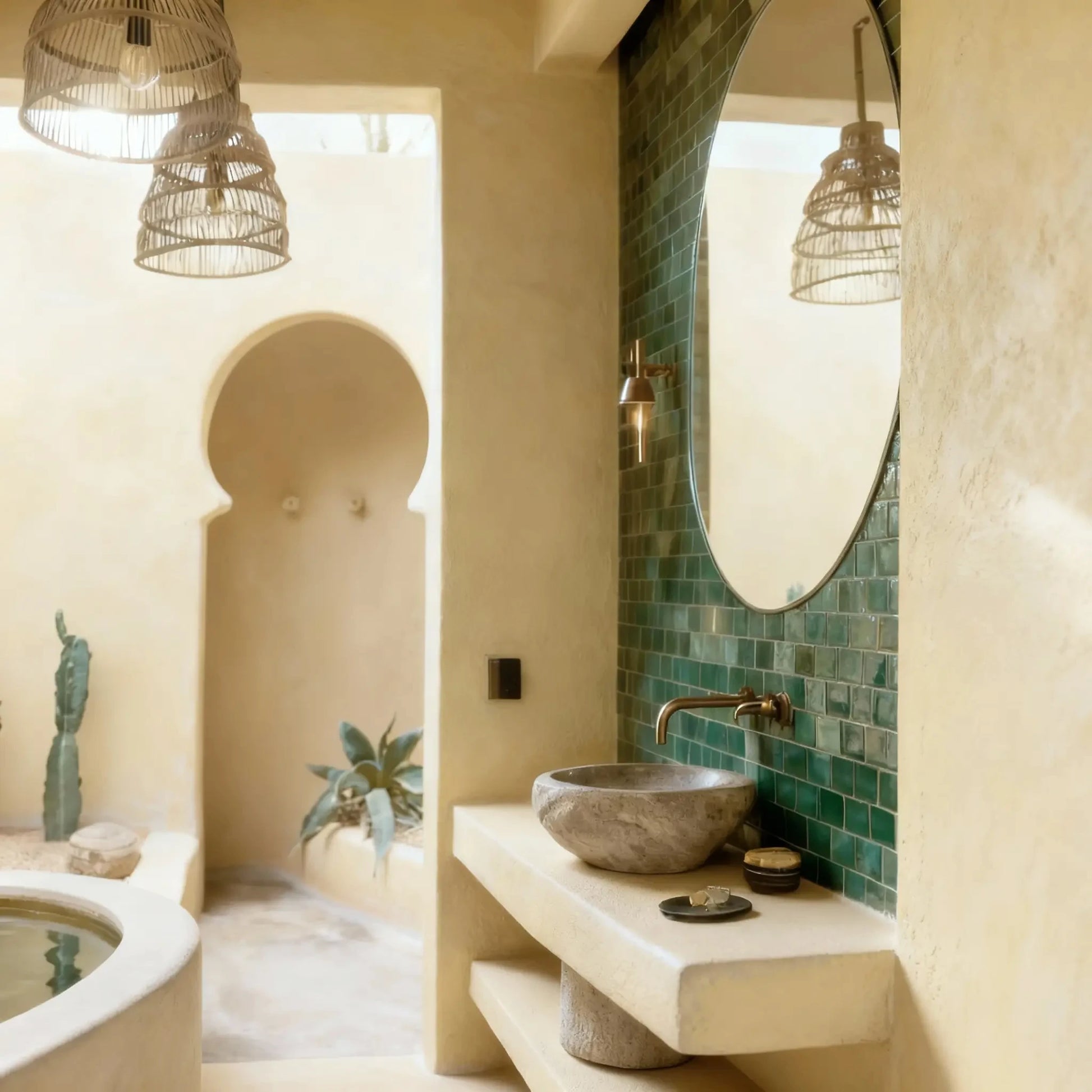 Baño mediterráneo con paredes de microcemento color India, lavabo de piedra sobre encimera de obra y zócalo de azulejos verdes brillantes.