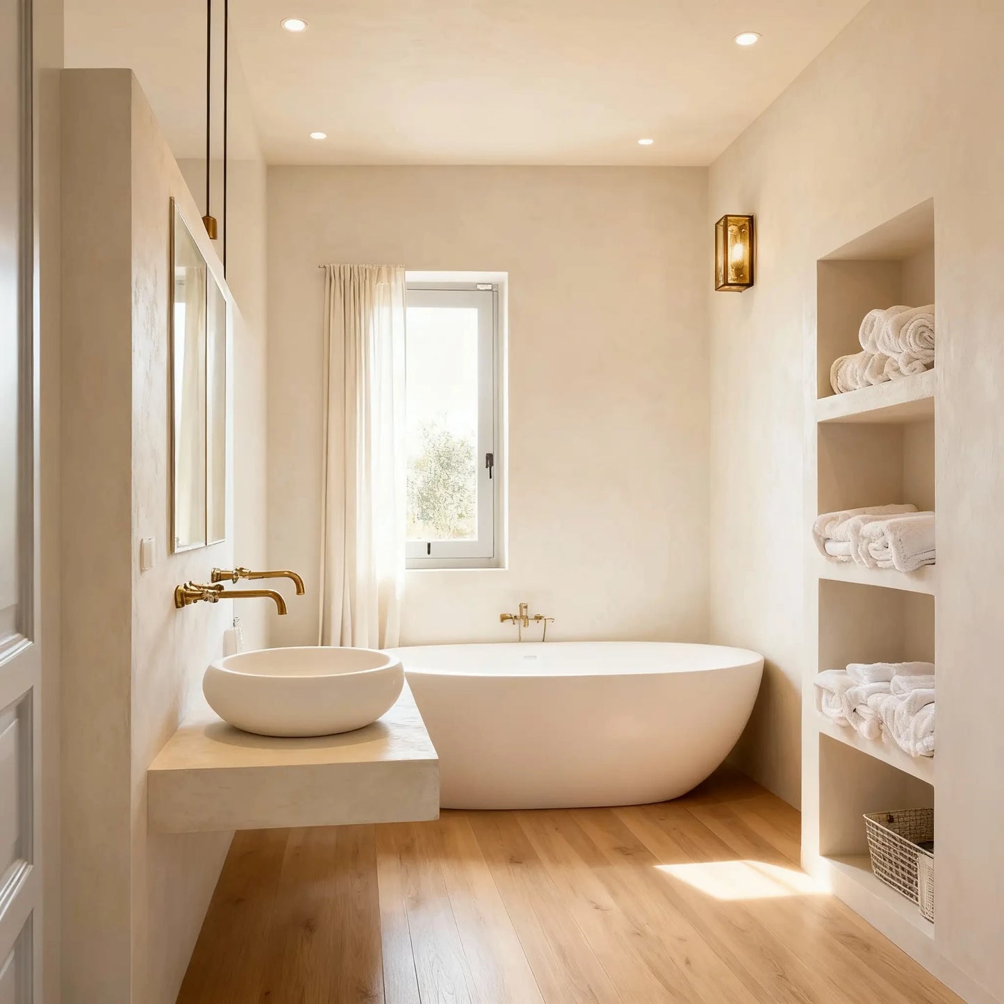 Baño luminoso con paredes de microcemento color Porcelain, bañera ovalada, encimera volada y estantería con toallas.