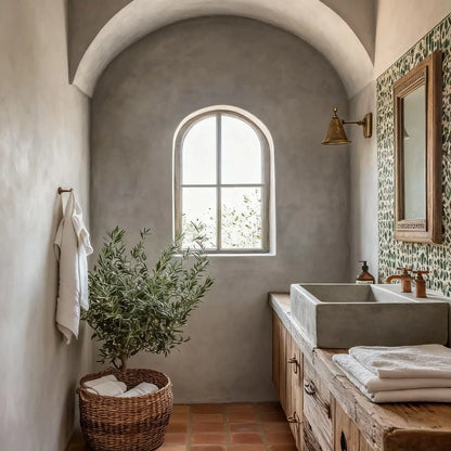 Baño rústico con paredes de microcemento color Universe, lavabo de cemento sobre mueble de madera y ventana arqueada con luz natural.