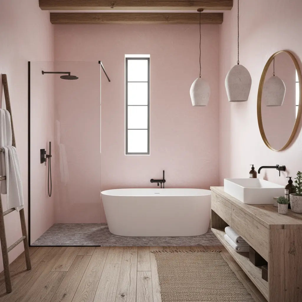 Baño con paredes de microcemento color Blush, bañera exenta y decoración en madera de estilo cálido.