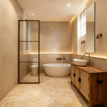Baño con paredes de microcemento color Bone, y mueble de madera con lavabo encima.