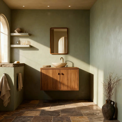 Baño con paredes de microcemento color Khaki, mueble suspendido de madera y luz natural entrando por la ventana.