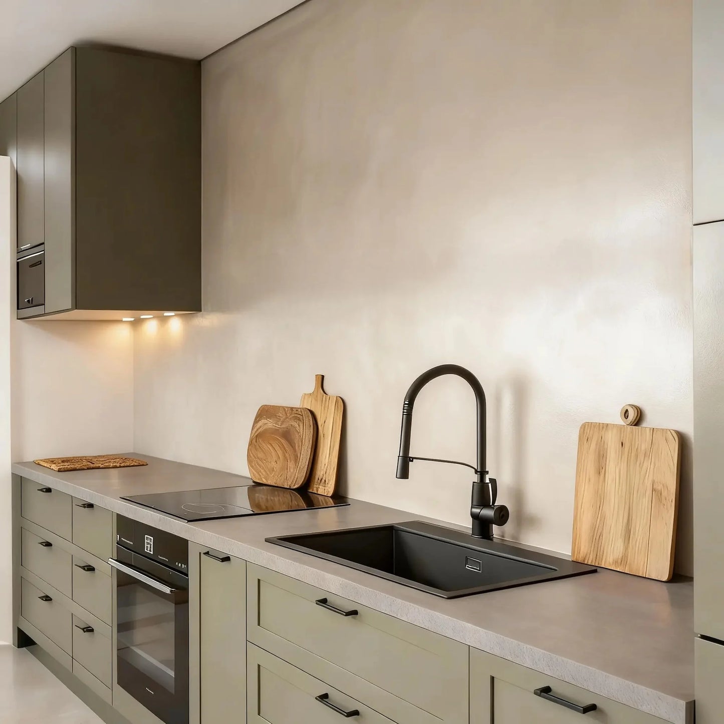 Pared de cocina en microcemento color Blanco Roto con encimera gris, muebles verdes y tablas de madera apoyadas sobre el tablero.