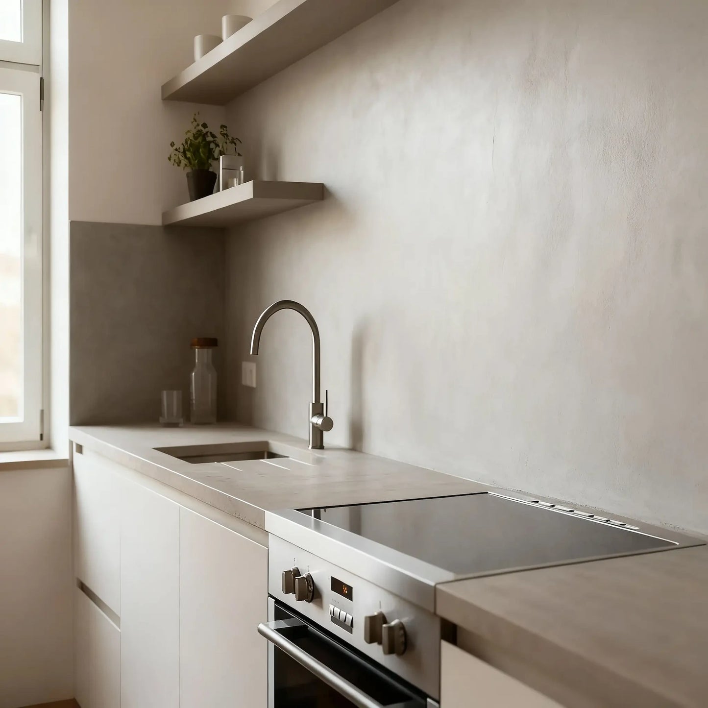 Pared de cocina en microcemento color Papyrus con encimera beige, estantes minimalistas y grifería en acero junto a la ventana.