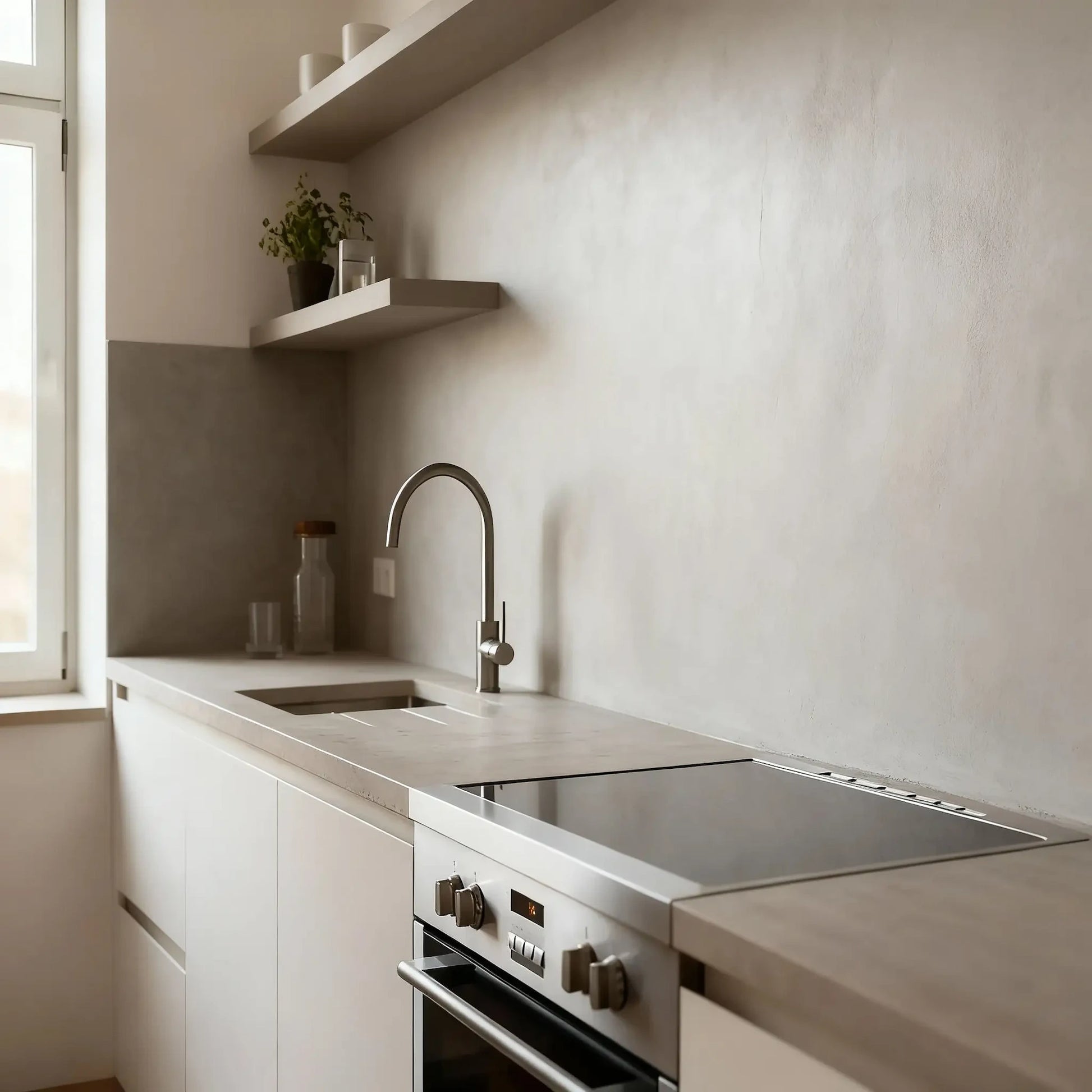 Pared de cocina en microcemento color Papyrus con encimera beige, estantes minimalistas y grifería en acero junto a la ventana.