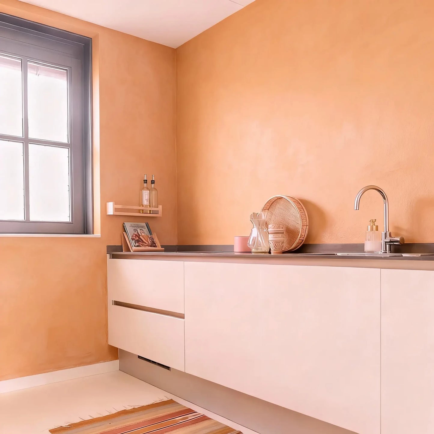 Pared de cocina en microcemento color Salmon con encimera gris, ventana enmarcada y detalles decorativos en tonos cálidos sobre el tablero.