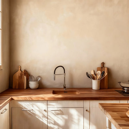 Pared de cocina en microcemento color Champagne con encimera de madera y utensilios apoyados sobre el tablero.