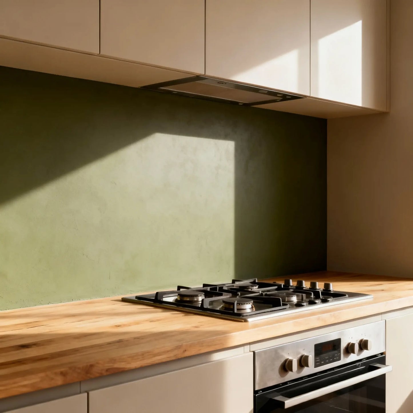 Pared de cocina en microcemento color Khaki iluminada por la luz natural, con encimera de madera y placa de gas integrada.