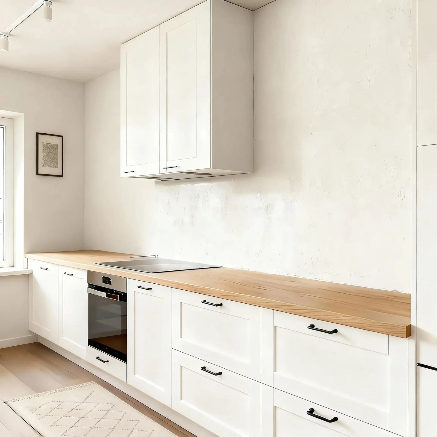 Pared de cocina en microcemento color Blanco con encimera de madera clara y muebles blancos en un espacio luminoso y minimalista.