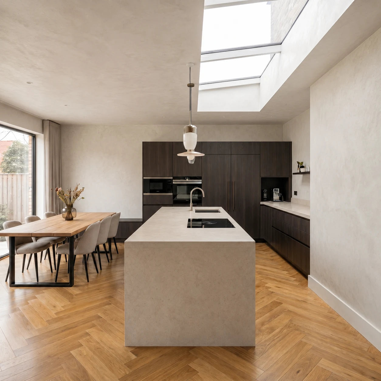 Cocina abierta con isla monolítica central, paredes de microcemento Smartcret color Blanco Roto, muebles oscuros empotrados, lucernario cenital y comedor junto al ventanal.