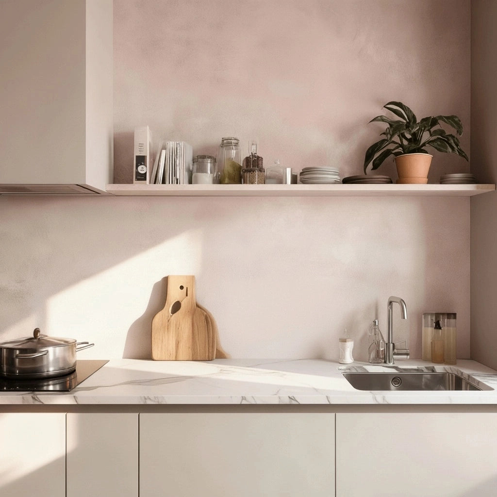 Pared de cocina en microcemento color Blush con estante superior, encimera marmoleada y luz natural que ilumina la zona del fregadero.