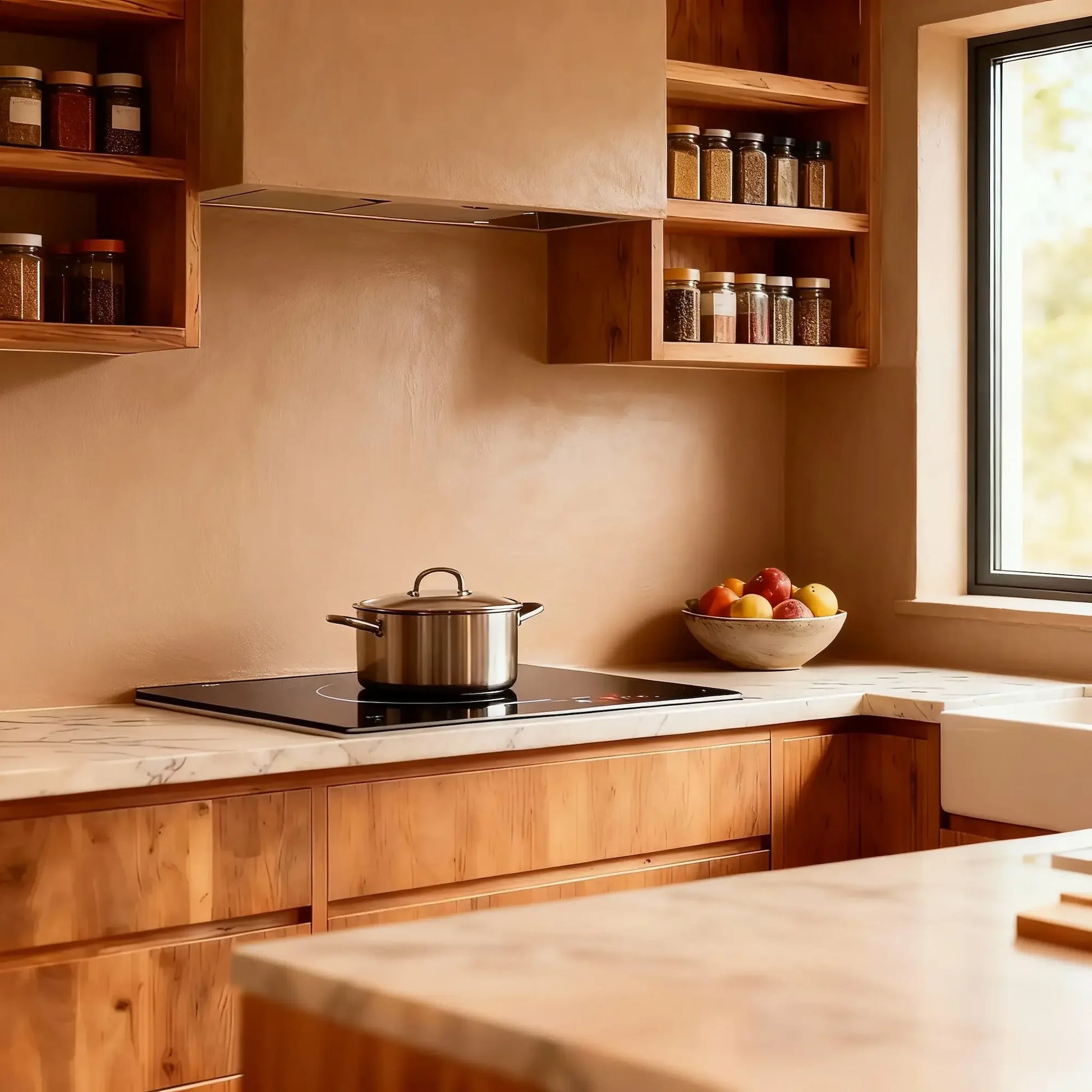 Pared de cocina en microcemento color Café con encimera marmoleada, muebles de madera y estantes con tarros de especias junto a la ventana.