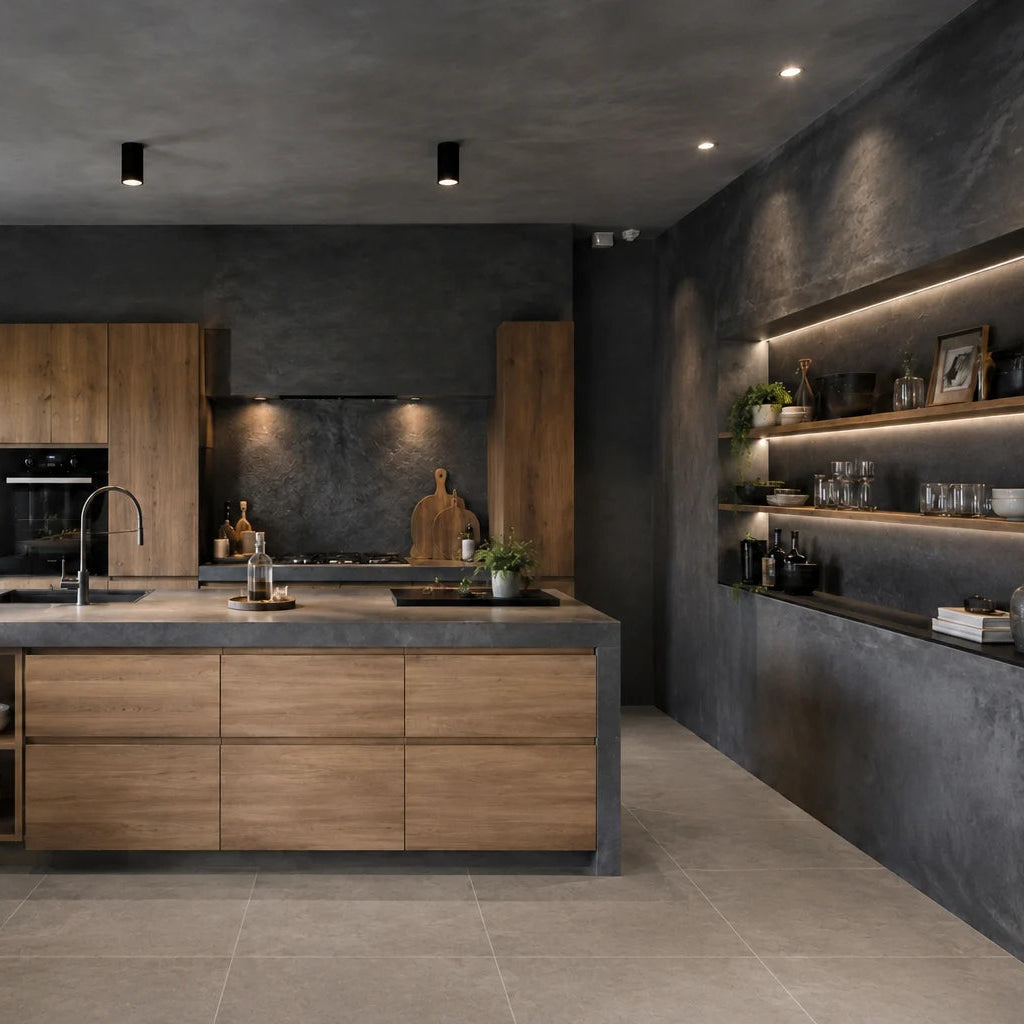 Cocina abierta de estilo industrial con paredes de microcemento gris de Smartcret color Shale Grey, isla de madera y nicho iluminado con baldas.