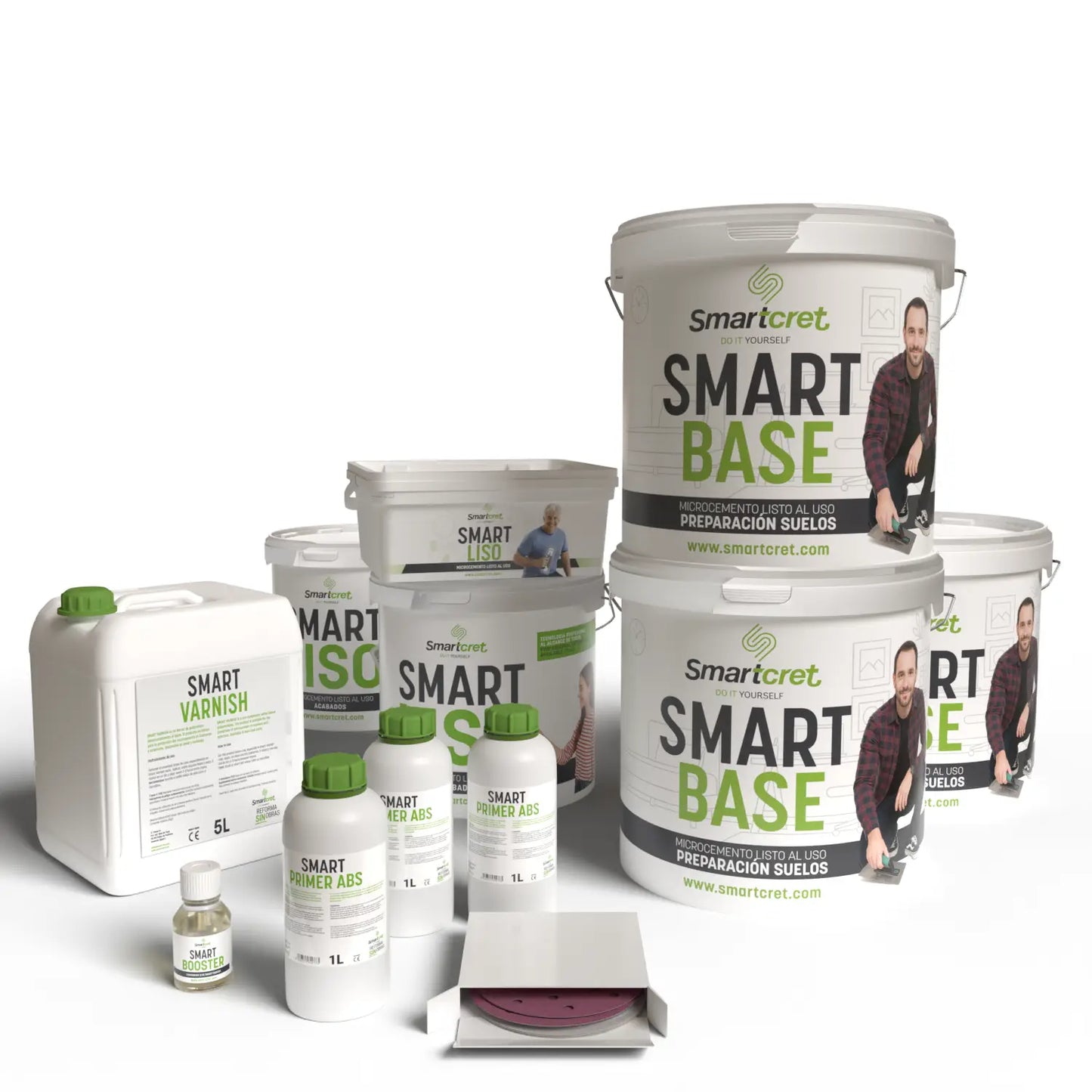 Imagen con los envases que componen el kit de microcemento para paredes de cocina absorbentes de 24 m².