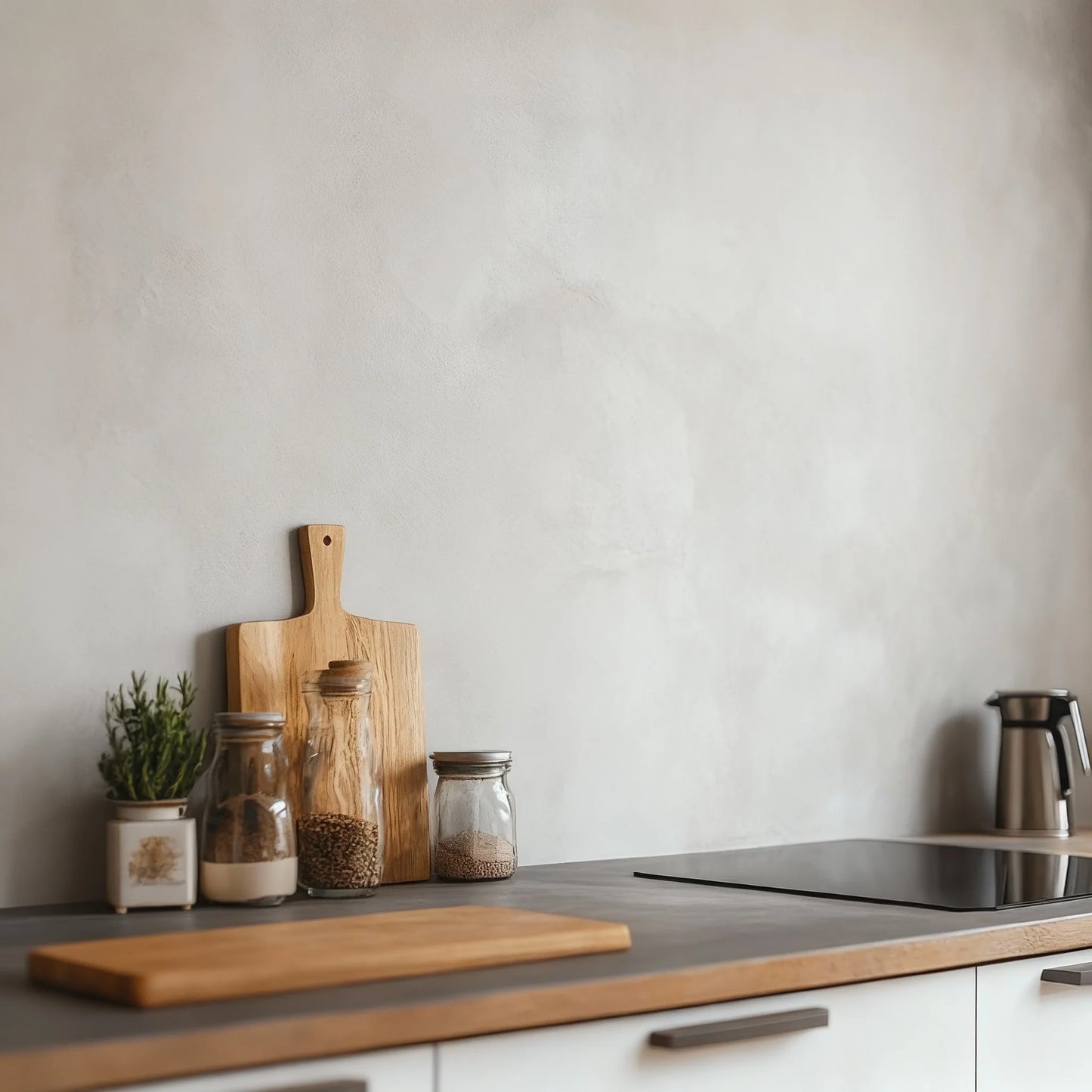 Pared de cocina en microcemento color Liquen con encimera oscura, tabla de madera y tarros con ingredientes sobre el tablero.