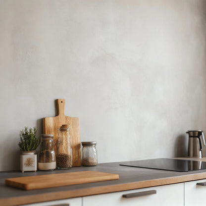 Pared de cocina en microcemento color Liquen con encimera oscura, tabla de madera y tarros con ingredientes sobre el tablero.