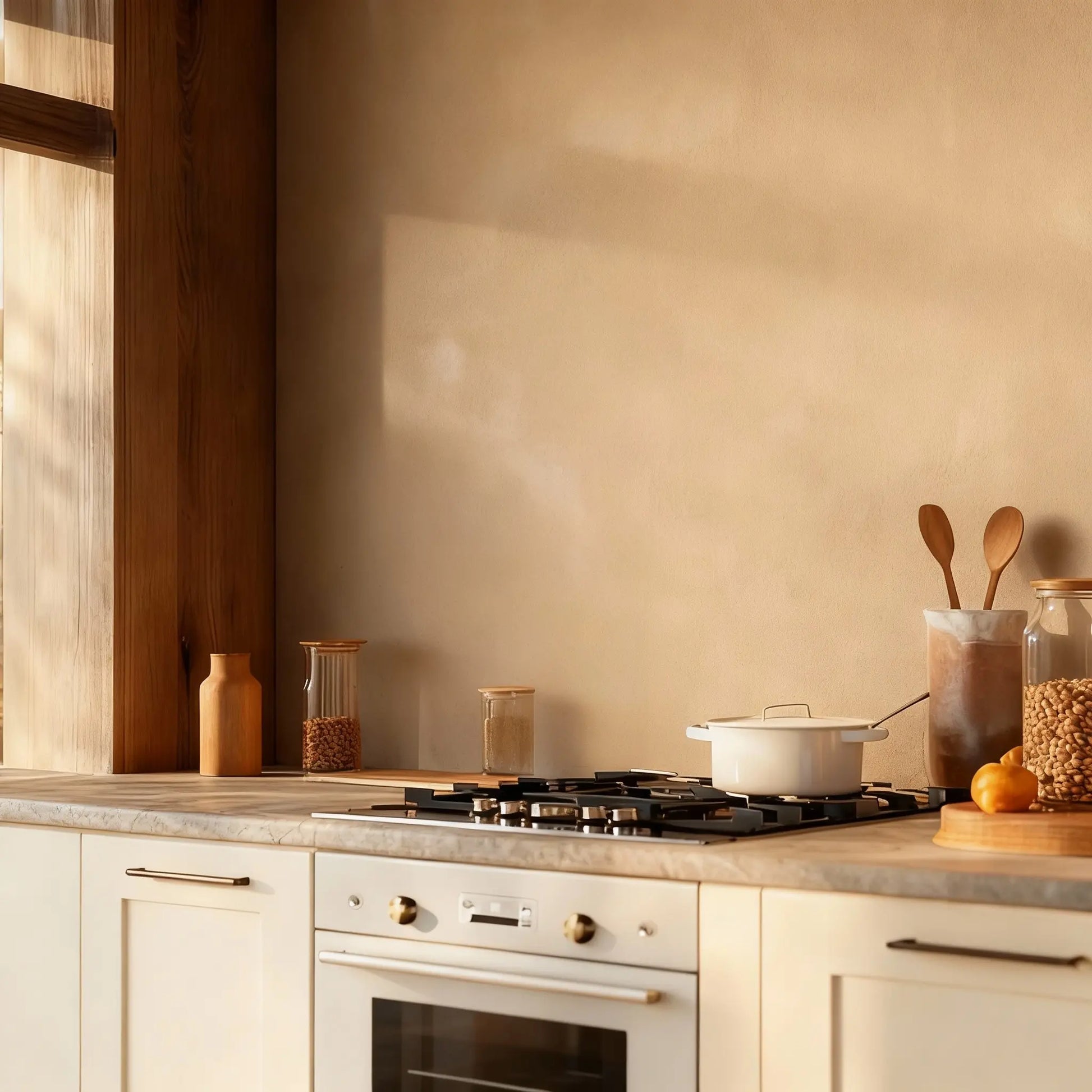 Pared de cocina en microcemento color Mojave con encimera cálida, utensilios de madera y frascos decorativos iluminados por luz natural.